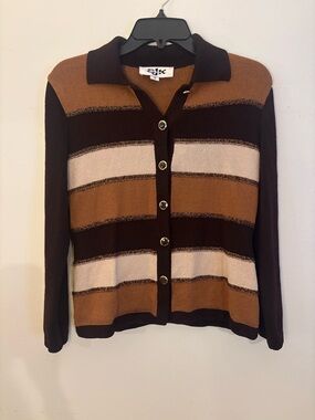 Vintage St. John Button Up Brown and Cream Striped Sweater